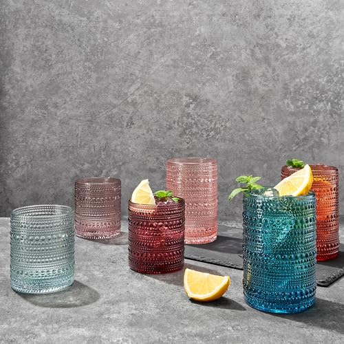Image of Beaded Hobnail Drinking Glasses Set | Set of 12 | 6x Tumbler 11 OZ + 6x Highball 12 OZ Bubble Design Whiskey Glassware, Old-Fashioned, Embossed Design Glass for Water, Wine, Cocktail HAND WASH ONLY