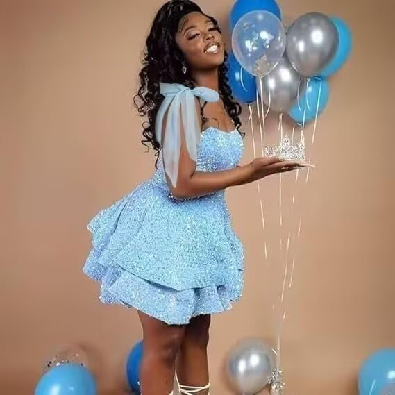 Sparkly Sequin Homecoming Dresses 2025 Bow Straps Sweet 16 Tiered Cocktail Party Dress4