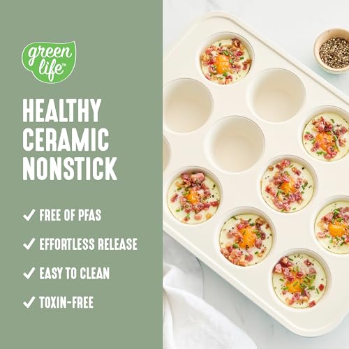GreenLife 12-Cup Muffin Pan, Healthy Ceramic Nonstick Bakeware, PFOA & PFAS-Free Cupcake Tray, Durable Baking Pan, Versatile Kitchen Essential, Easy Clean Muffin Mold, Nonstick Baking Sheet, Sage