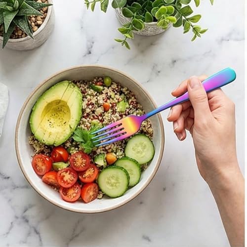 Image of 7.7 inch Rainbow Dinner Forks Set of 4 - Food-Grade 18 /8 Stainless Steel Silverware, Durable Mirror Polished Metal Forks, Dishwasher Safe, Perfect for Home, Restaurant, and Gifting