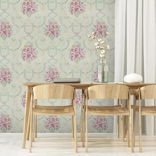 Image of Green Pink Rose Flower Peel and Stick Wallpaper-Vintage Rose Damask Self-Adhesive Wall Decal,Waterproof & Removable PVC Wallpaper for Bedroom, Living Room,Furniture Renovation (45cm x 300cm)