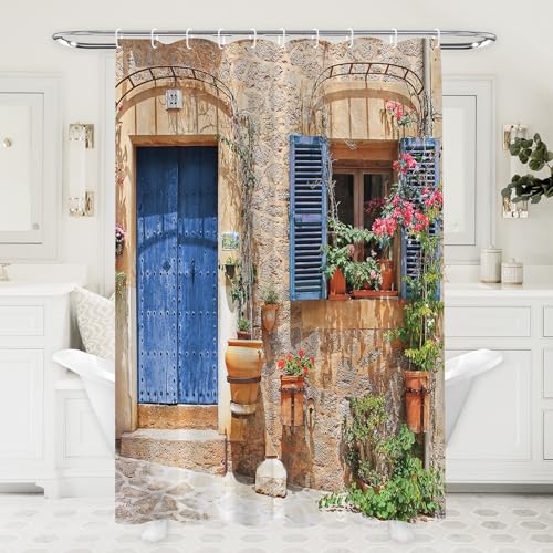 Simpomsy 3D Garden Shower Curtain, Fresh Plant Countrylife Style Retro Old Stone Wall Floral Basket Door Scenery with Green Plants, Scenery Bathroom Decoration Curtains with Hook 180x180cm - Image 7