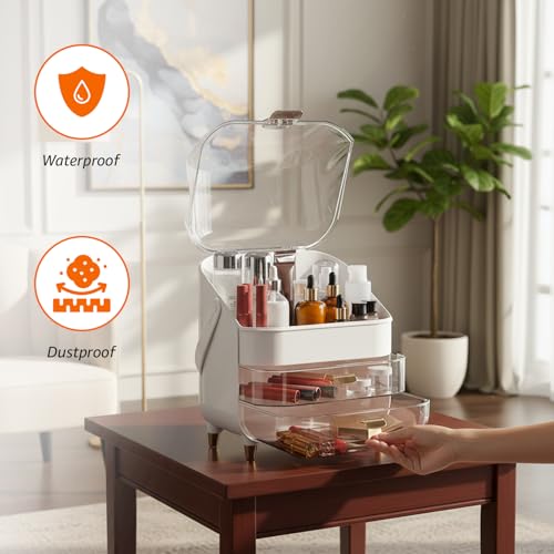 Image of Amazon Basics Glossy ABS+PET+PS Cosmetic Storage Organizer | 27 x 17 x 36.5 cm | 3 Compartments | Waterproof & Dustproof Lid | White (V1COSST5)