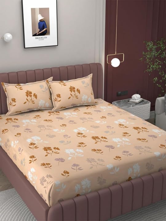 Image of 380 TC Premium Glace Cotton Elastic Fitted Bedsheet King Size with 2 Pillow Covers King Size | Double Bed with All Around Elastic (Honeybee, Fitted - 72 inchx78 inch King)
