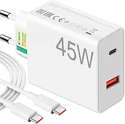 Carregador Turbo 45W Ultra Rápido Tipo C e USB Com Carregamento Rápido + Cabo Tipo C Compatível Com Todos Os Dispositivos, Android, Ios 15/16, Xiaomi - Todos Dispositivos Celulares