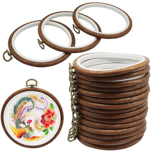 Image of Bonsicoky 15 Pack 5 Inch Round Embroidery Hoops | Wood Look Decorative, PVC Imitated Wood, Vintage Frames, For Hand Embroidery & Cross Stitch Projects
