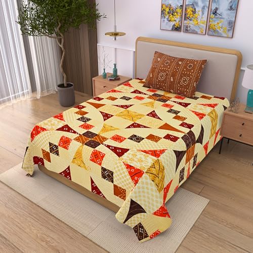 Image of 100% Cotton Single Bedsheet with 1 Pillow Cover | 240 TC Pure Cotton Flat Bed Sheet | Traditional Jaipuri Printed Bedding Set | Soft & Breathable | 60 x 90 Inch (Rangmahal Single 67)