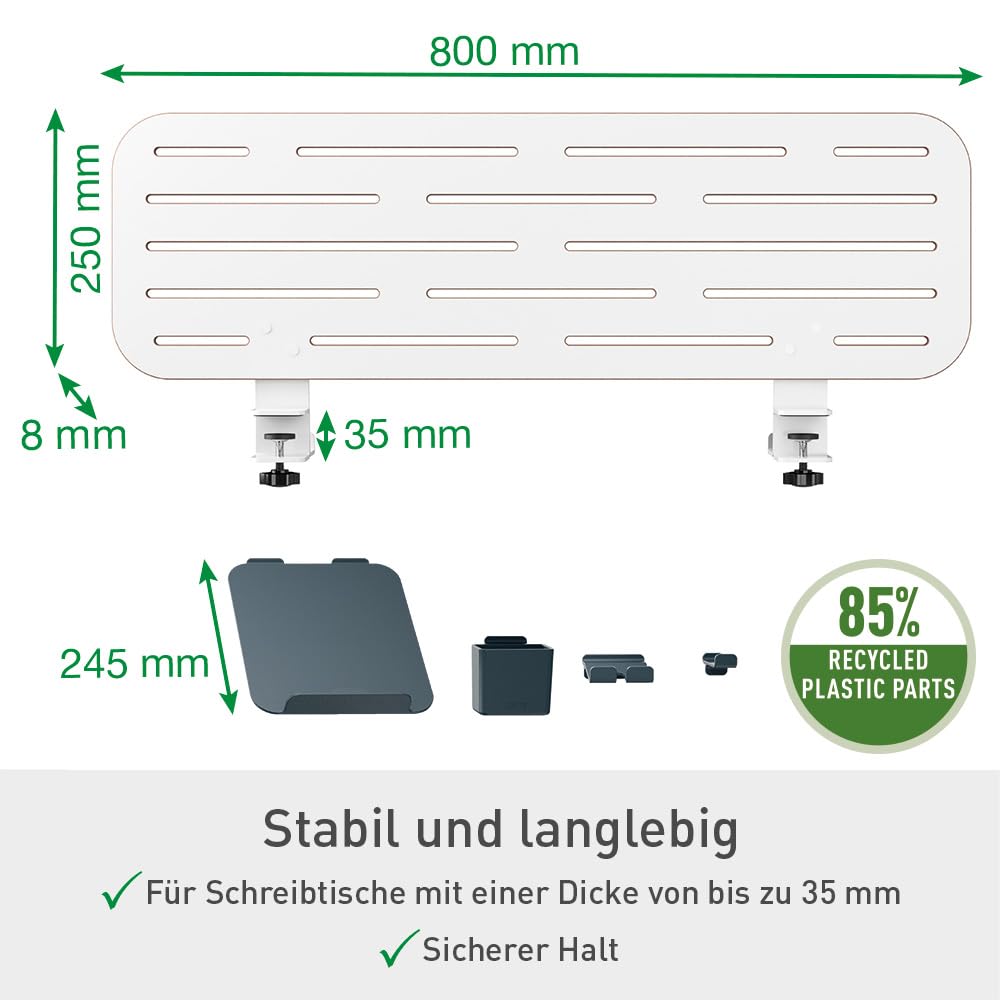 Leitz Ergo Pegboard Schreibtisch-Organizer mit Laptop-Halterung & Zubehör, Hochwertige Stecktafel kompatibel mit Tischdicke bis 35mm, breite Hängeschlitze, Klemmbefestigung, 80 x 25 cm, Weiß, 65490000