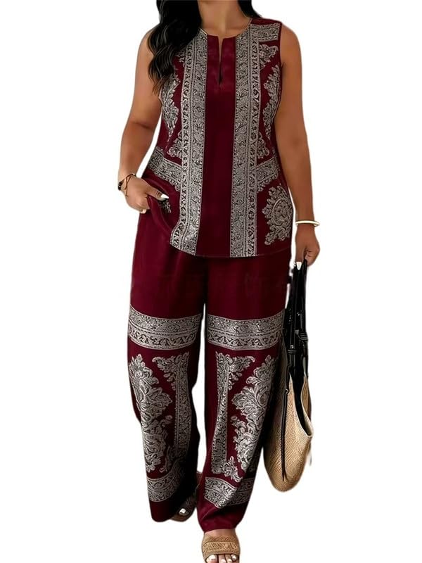 Ensemble 2 pièces femmes jambes larges en tissu respirant imprimé aztèque