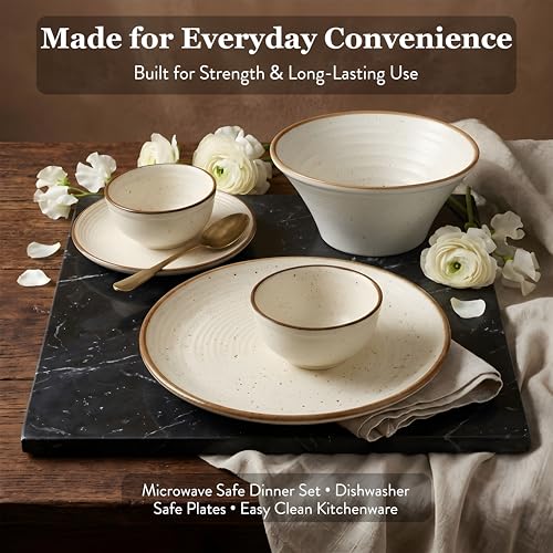 Image of Miah Decor Ceramic Dinner Set - 14-Piece Handmade Stoneware | 4 Bowls, 4 Quarter Plates, 4 Dinner Plates & 2 Serving Bowls | Off White Ribbed Matte Finish | Microwave & Dishwasher Safe | Ideal Gift