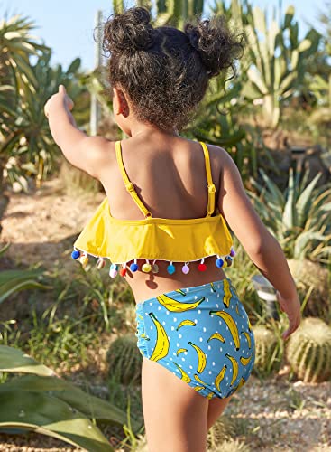 Shekini Girls Ruffle Flounce Pom Poms Bikini High Waist Bottom Two Piece Swimsuits（Yellow,10-12 Years #TOP5