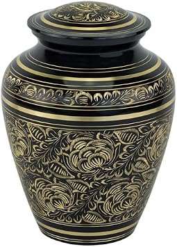 Villarose Elite Brass Cremation Urn, Black and Gold Floral Pattern, Adult Sized, 9.25 Inches High