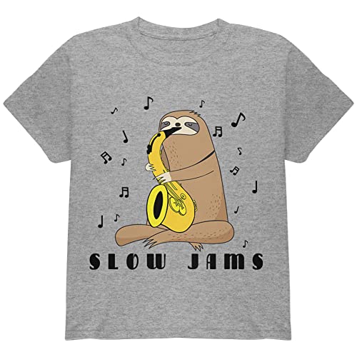 Sloth Slow Jams Funny Pun Saxophone Youth T Shirt Heather YMD Grey