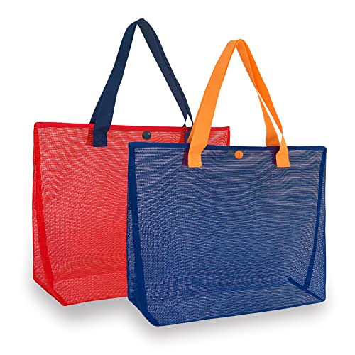 2Pack Large lightweight Simple Mesh Beach Tote Bag With snap Button Reusable Pool Bag for Outdoor Travel Shopping Gym