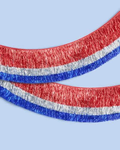 Image of xo, Fetti Red, Silver + Blue Layered Fringe Banner - 6 Ft. | 4th of July Decorations, Western Party Decorations, Patriotic Birthday Party Decor, Cowboy Backdrop, Summer BBQ Sign