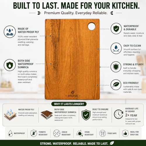 Image of Chopping & Cutting Board for Kitchen,Bacteria Resistant Cutting Board Plywood | Odour-Free 30x20x1.5 cm Thick Board for Fruits, Meat, Cheese & Kitchen Food Preparation