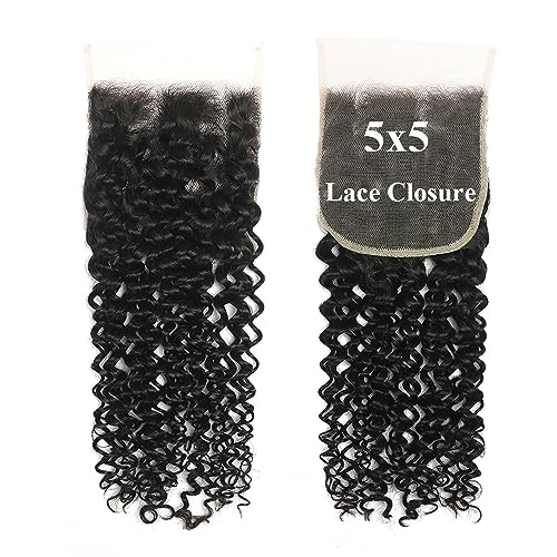 5x5 Closure Curly Transparent HD Lace Closure 12A Brazilian Virgin Human Hair Closure Jerry Curly Free Part Pre Plucked with Baby Hair Natural Color 16 Inch