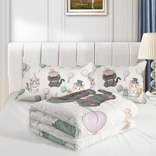 Image of AILONEN Kawaii Kitten Party Comforter Full 3 Piece Bedding Set Teens Girls Room Decor Pastel Cat Balloon Celebration Quilt Animal Print Plush Lightweight All Season Bedspread