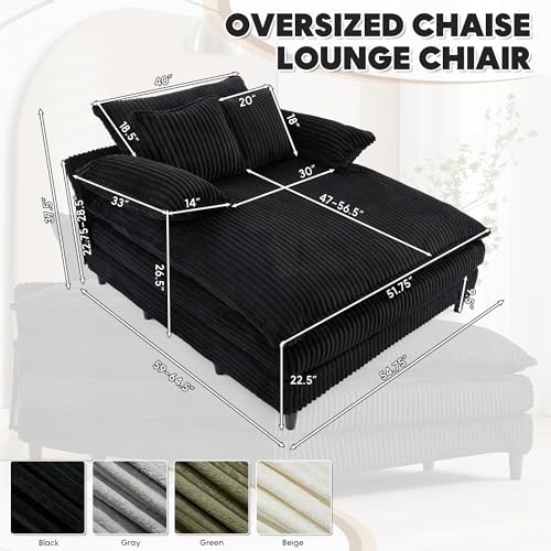 Image of Oversized Chaise Lounge Chair Indoor with 5-Position Adjustable Backrest, 54.8 inch Upholstered Corduroy Deep Seat Single Cloud Sofa Chair, Fluffy Modern Sleeper Couch Bed for Living Room, Black