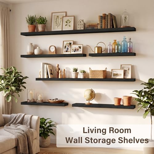Image of Acovy 16in Long Floating Shelves for Wall Set of 2, Wood Wall Shelves for Bathroom Bedroom Kitchen Living Room Laundry Room, Modern Floating Shelf for Home Decor