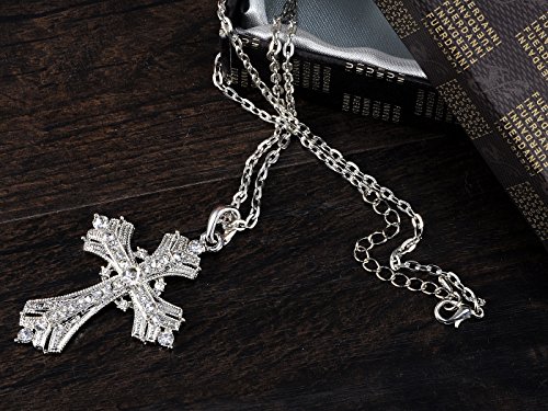 Alilang Silvery Tone Religious Cross Pendant Necklace w/Aquamarine Blue Or Clear Crystal Rhinestones2