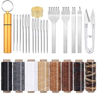 Leather Sewing Tools Kit, 8 Colors Leather Thread Waxed Thread with Leather Sewing Needles, Large Eye Needles, Leather Prong Punch for Leather Stitching Hand Sewing