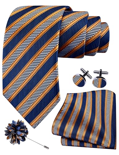 Image of GUSLESON 3.15 inch(8cm) Mens Stripe Tie and Lapel Pin Necktie Hankerchief Cufflinks Set for Men