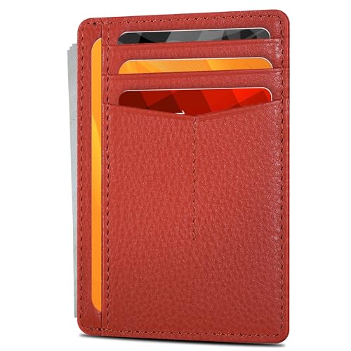 Image of Oak Leathers Leather Slim Minimalist Wallet for Men & Women RFID Front Pocket Leather Card Holder Wallets (Nappa Orange)