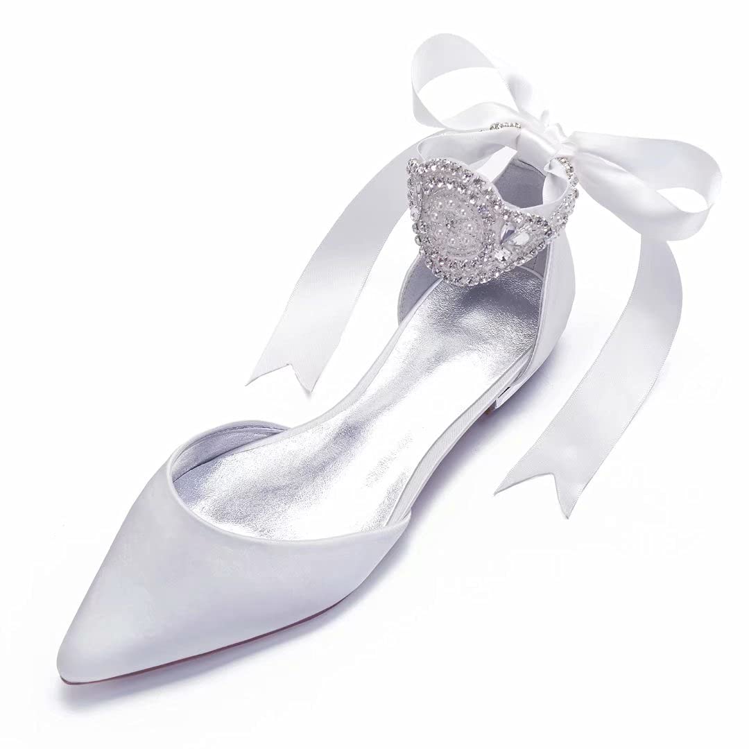LLBubble Satin Crystals Wedding Flats for Bride Pointed Toe Ribbon Tie Party Dress Shoes Flats Women 5047-69