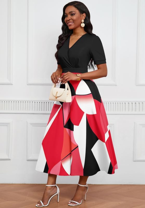 Image of MarryUP Women's Midi Dresses - V Neck Cocktail & Church Tea Dresses - Short Sleeve A-Line Swing Dress