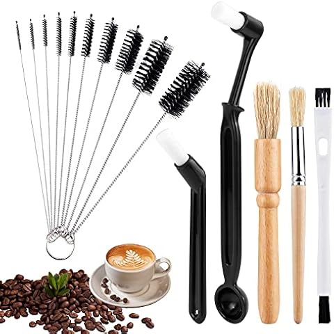 Kaffee Pinsel Kaffee Reinigungsbürste, 15 Stück Espressomaschinen Reinigungspinsel Holz Griff Kaffeepinsel und Kleine Strohhalm Bürste für Bohnen Getreide Kaffee Werkzeug Cover