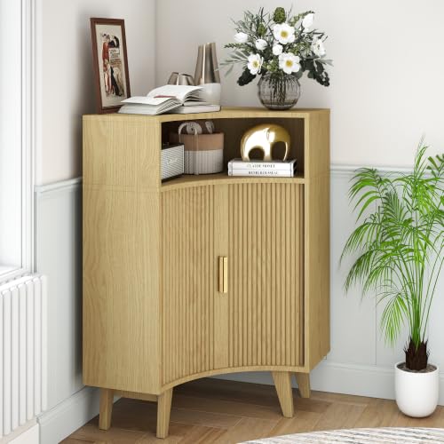 Image of Fluted Corner Cabinet with Open Storage, Modern Floor Cabinets with Sliding Doors and 2-Tier Shelves, Freestanding Narrow Organizer for Small Space,Living Room, Dining Room,Natural