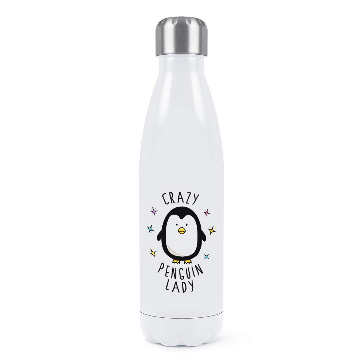 Crazy Penguin Lady Double Wall Water Bottle Insulated Stainless Steel Sports Drinks 500ml White