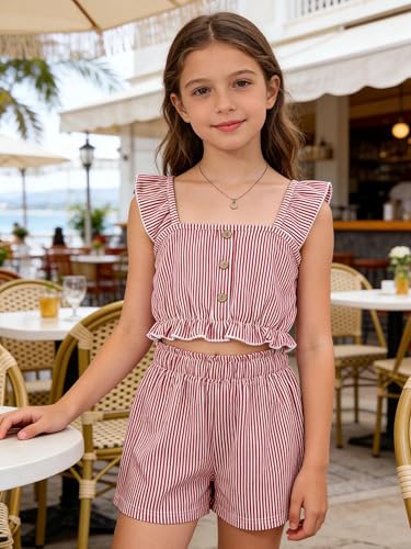 Image of Girl's Summer Clothing Sets Knit Ruffle Striped T-Shirt and Shorts 2 Piece Outfits Red 9-10Y