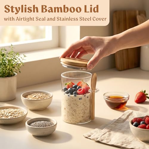 Image of EDELHAUS Overnight Oats Containers with Lids - Glass Mason Jars, Meal Prep | Bamboo Wood, Airtight Silicone Seal Set of 4 - Includes Spoons, 40 Labels for Chia Pudding, Yogurt, Cereal, Oatmeal