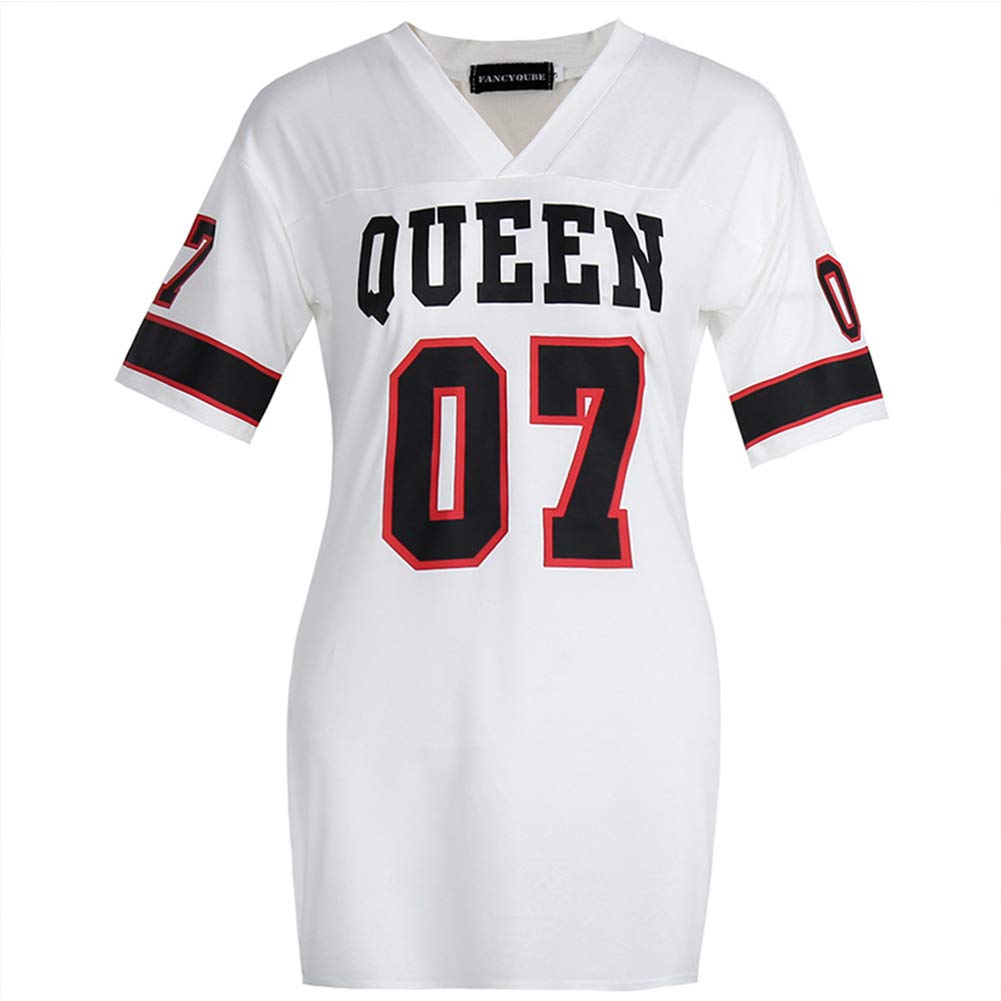diffstyle Women's V Neck Queen Letter Printed Dress Casual Short Sleeve Hip Hop Shirt Mini Dress