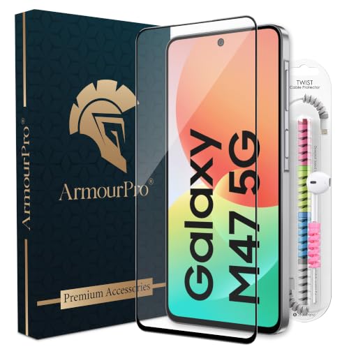 Image of ArmourPro Military-Grade Tempered Glass for Samsung Galaxy M47-9H Anti Scratch, Edge-to-Edge Coverage, HD Clarity, Smooth Touch, Case Friendly, Easy Installation Kit with Cable Protector