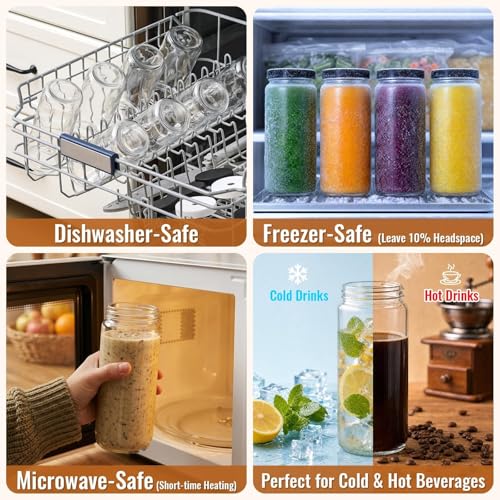 Image of 8 PACK 16OZ Glass Juice Bottles with 8 Sealed Lids & 2 Straw Lids & Straws