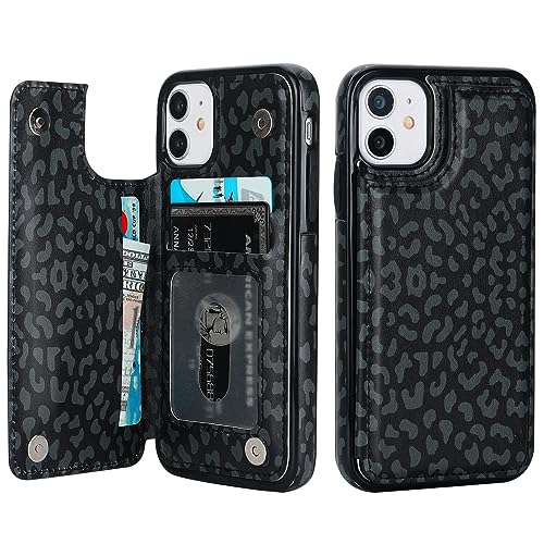 HAOPINSH for 11 Wallet Case with Card Holder, Black Leopard Cheetah Pattern Back Flip Folio PU Leather Kickstand Card Slots Case for Women Girls, Double Magnetic Clasp Shockproof Cover 6.1