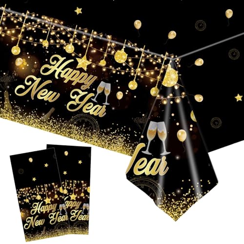 2 manteles decorativos de Nochevieja, mantel Happy New Year, mantel de plástico impermeable negro y dorado, mantel de Año Nuevo 2025, accesorio decorativo para fiestas, 137 cm x 274 cm