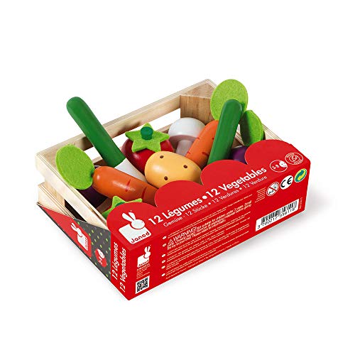 Janod - Caja con 12 Verduras de Madera, para Jugar A Tomar el Café, A Cocinar O A Las Tiendas - Desde Los 3 Años, J05611