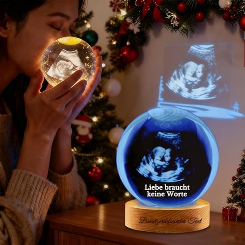 Personalisierte Schneekugel mit Foto, 3D Laser Kristallkugel 7 Farben...