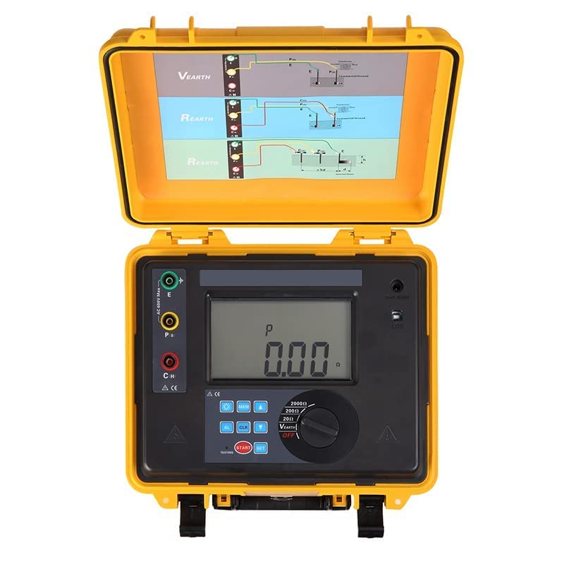 Earth Resistance Tester Digital Ground Resistance Meter Three-Wire Two-Wire Grounding Resistance Measurement Instrument with Resistance Range 0.01Ω-2000Ω Voltage Range 0-600V AC