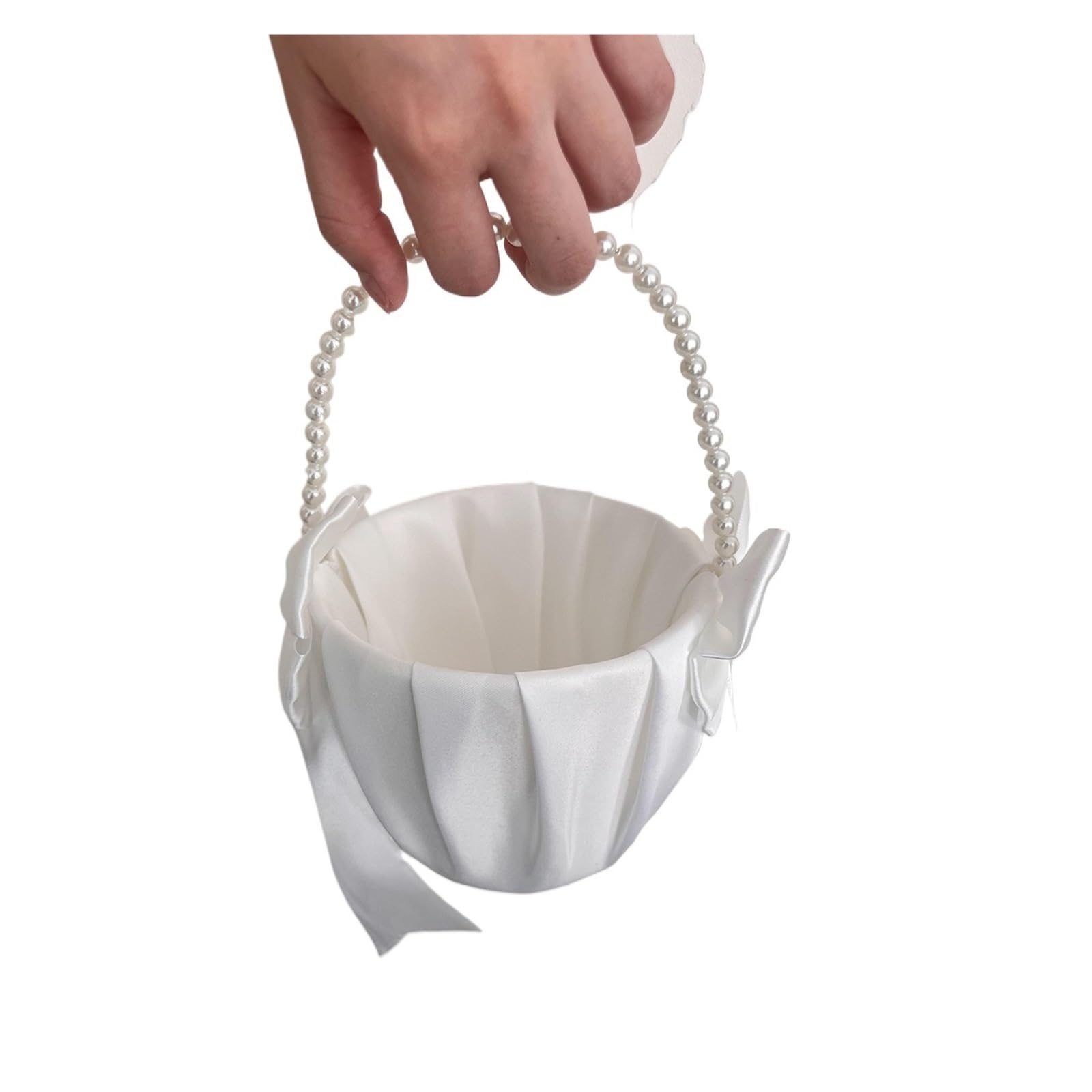 Wedding Petal Confetti Basket, White Flower Basket With Faux Pearl And Bow Decor For Wedding