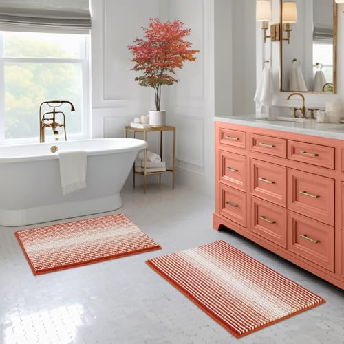 Bathroom Rugs and Mats Sets, 2 Piece Thick Absorbent Chenille Bath Mat Rug Set Non Slip, Soft Shaggy Bath Room Floor Mats for Bathroom, Machine Washable (Sunset Orange, 20" x 32" Plus 16" x 24")