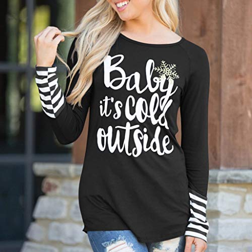 Women T-Shirt Blouse Baby It's Cold Outside Christmas Snowflake Funny O-Neck Tops Long Sleeve Baseball Tee Black