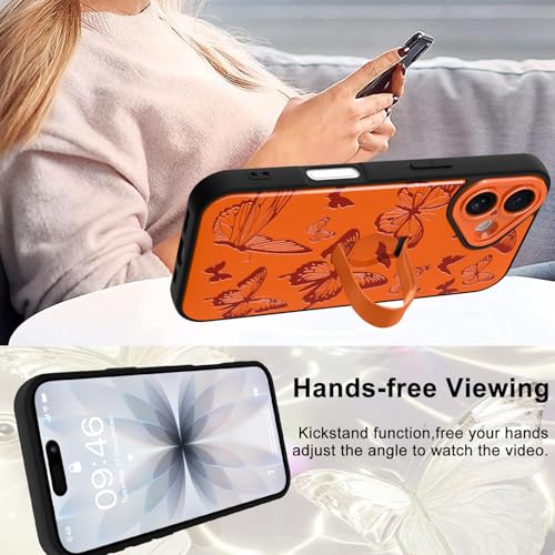 Image of for iPhone 17 Case with Finger Strap Holder, Cute Cool Butterfly Print Pattern Design for Women Men, Shockproof Anti Scratch Hand Kickstand Protective Cover, Orange