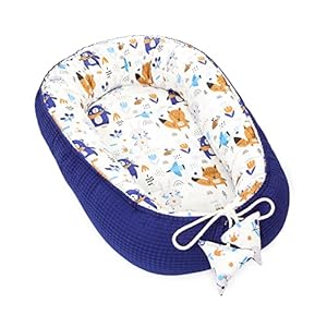 Babynest newborn baby bumper 90×50 cm – cocoon Handgemaakt dubbelzijdig katoen met babynest Dieren Donkerblauw