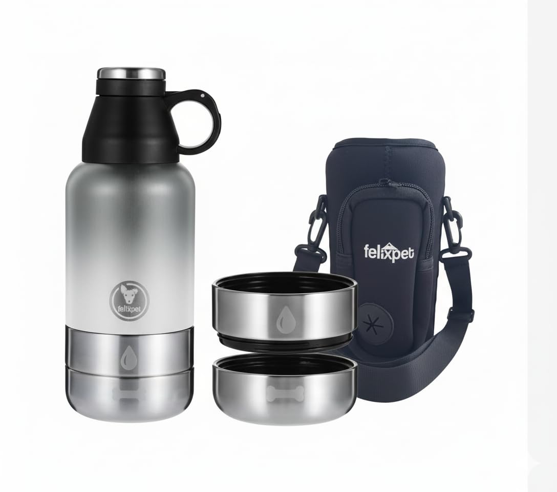 Botella Térmica 1L para Perros 4 en 1 – Acero Inoxidable con Bebedero Portátil, Comedero Extraíble, Porta Bolsas y Estuche Neopreno