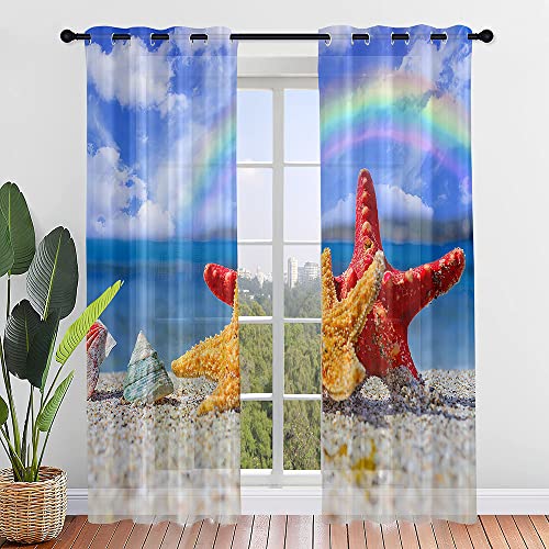Mateju Translucidas Visillos Salon, Cortinas Salon Modernas 2 Piezas con 3D Estrella de Mar, Visillos Cortos para Ventanas Cocina Dormitorio Comedor Habitacion (Arco Iris,55 x 95 cm)